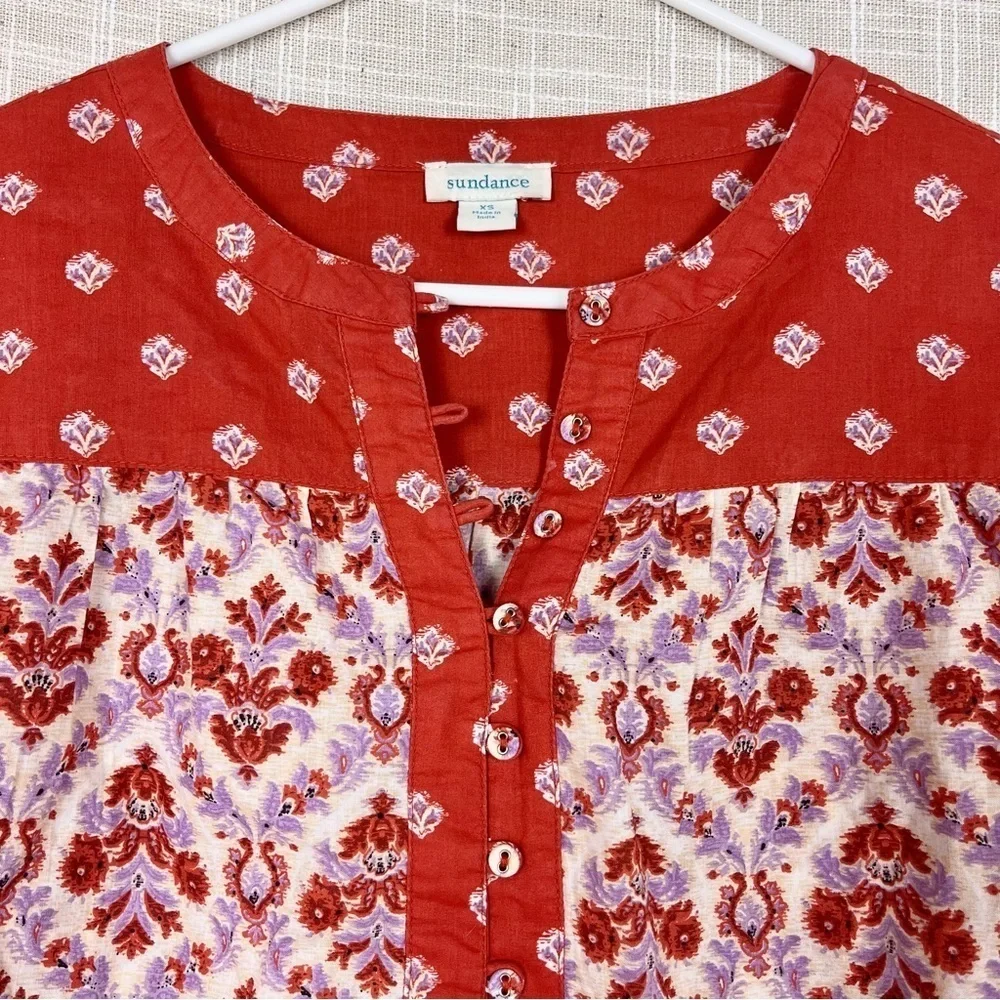 SUNDANCE Explorer Patchwork Orange Lavender Block Print Henley Boho Top
